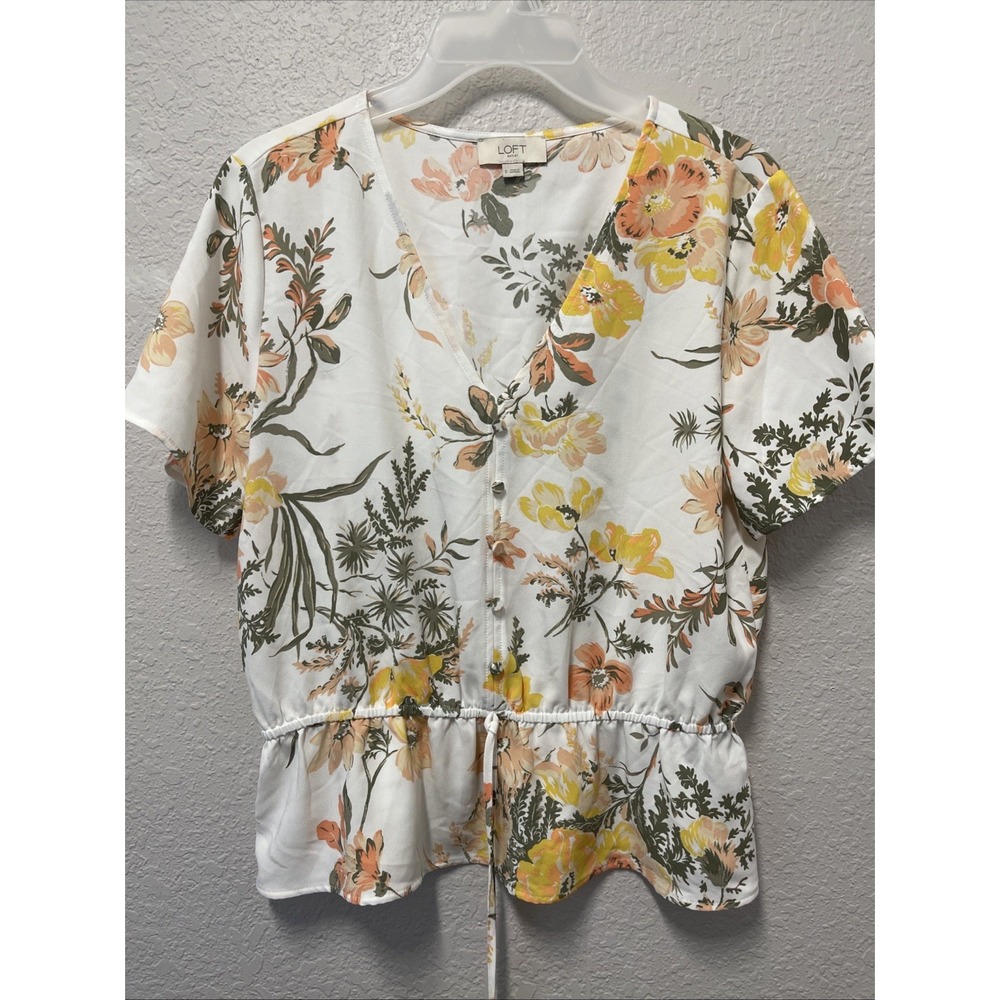 Loft Outlet Women's Floral Blouse, Short Sleeve, V-Neck, Size M